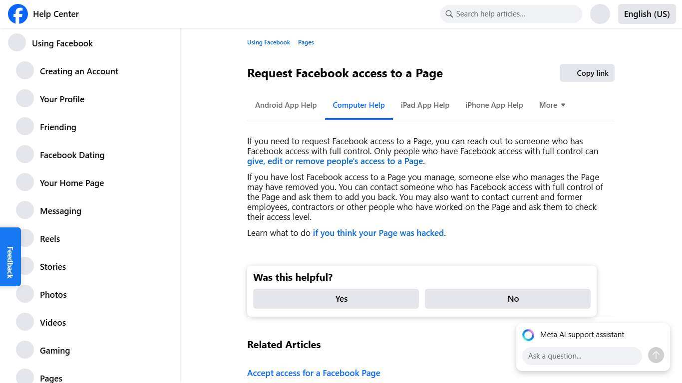 Request Facebook access to a Page Facebook Help Center
