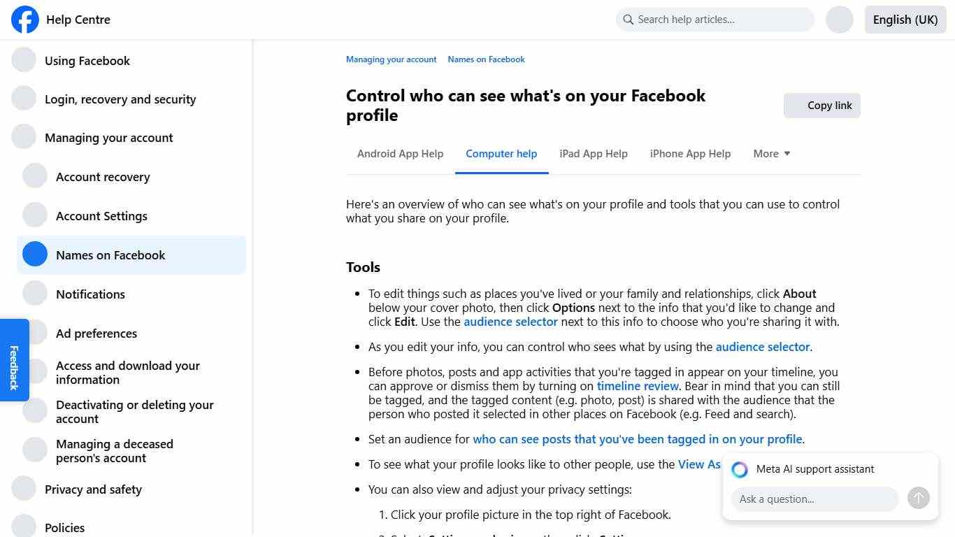 Control who can see what's on your Facebook profile Facebook Help Centre